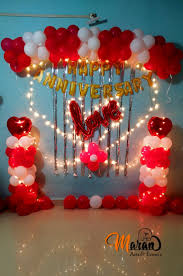 Romantic Red and White Anniversary Balloon Decor with Lights Backdrop