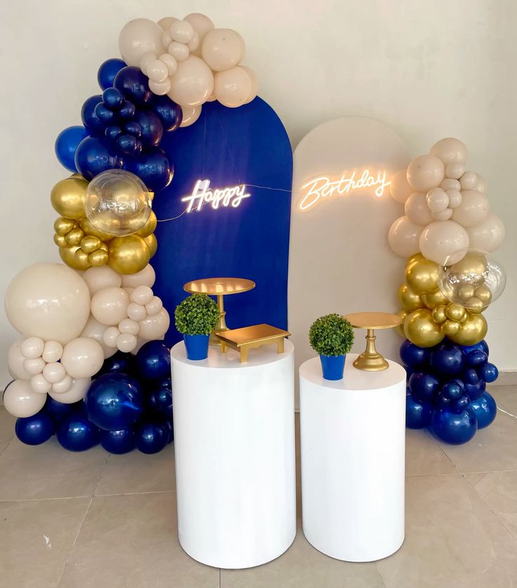 Blue and Gold Modern Balloon Birthday Backdrop with Neon Sign