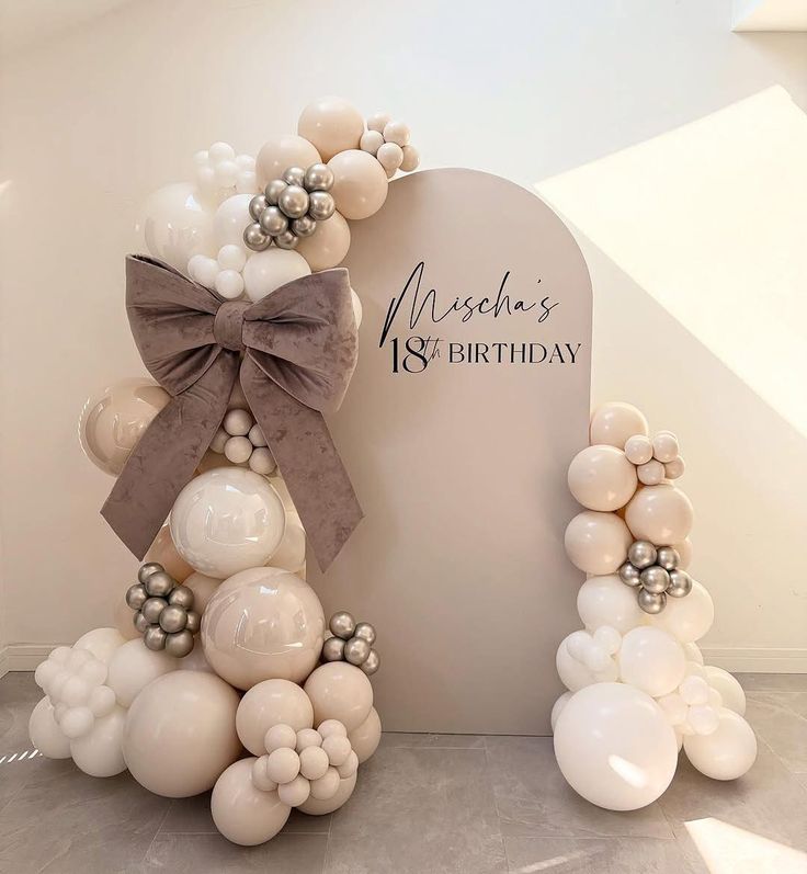 Modern Cream and Silver 18th Birthday Backdrop with Balloon Garland
