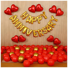 Red and Gold Anniversary Decoration with Balloon Letters and Heart Balloons