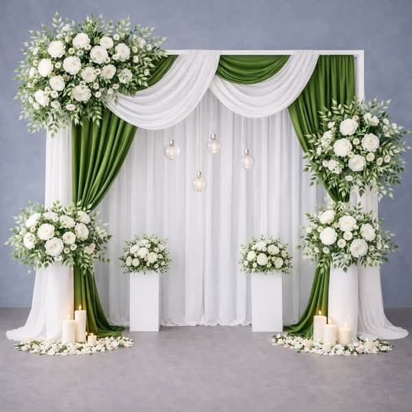 Elegant Green And White Floral Wedding Stage Backdrop With Drapes And Candles - wedding decoration by ARV Decor