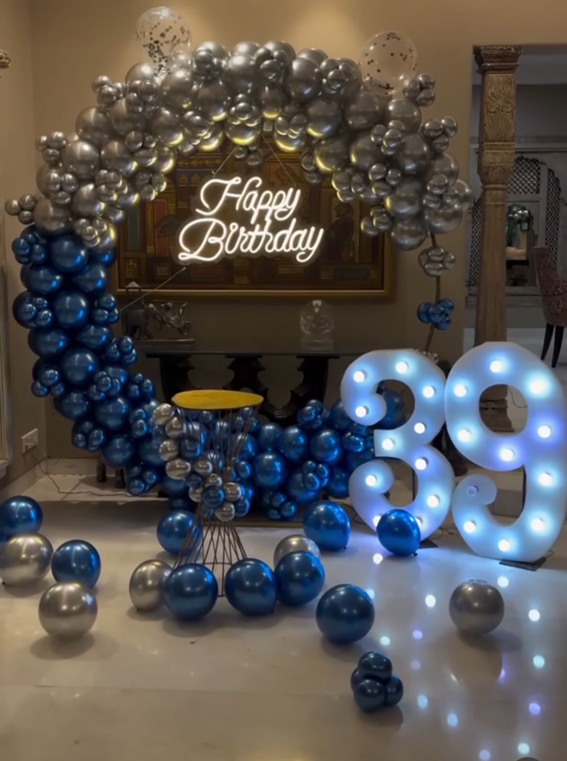 Modern Blue and Silver Birthday Decor with Balloon Arch and LED 39 Number