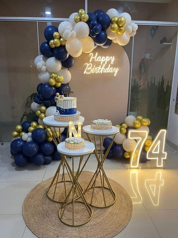 Modern Navy Blue and Gold Birthday Decor with Balloon Arch and LED Number for 74th Celebration