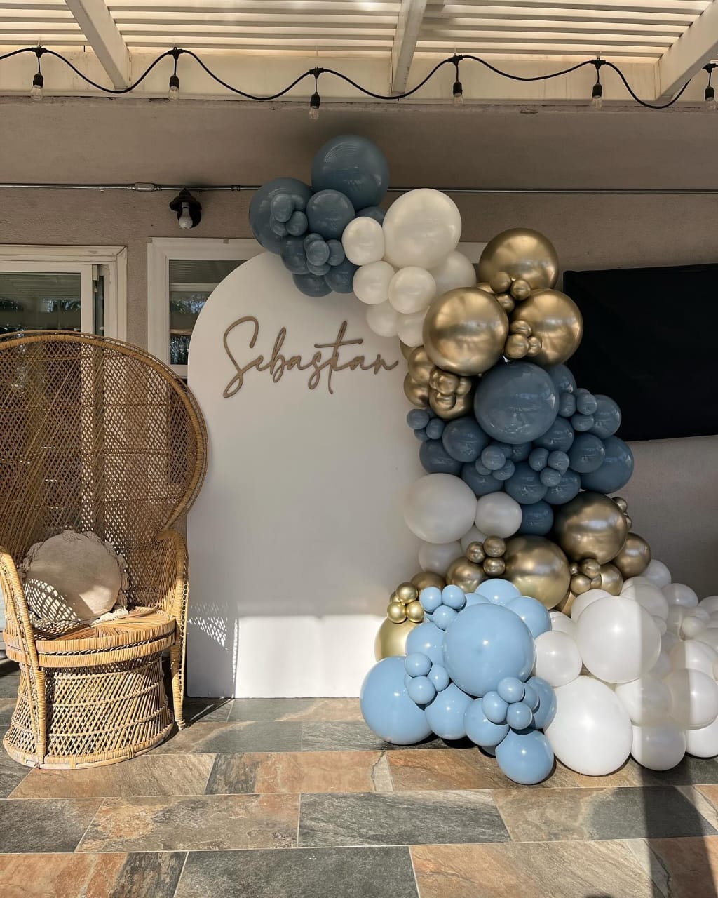 Blue and Gold Kids Birthday Balloon Backdrop with Modern Name Panel