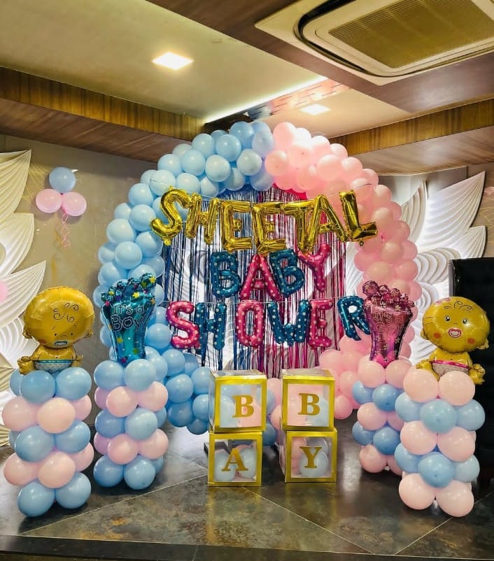 Blue And Pink Balloon Baby Shower Decor With Name And Baby Blocks - welcome baby decoration by ARV Decor