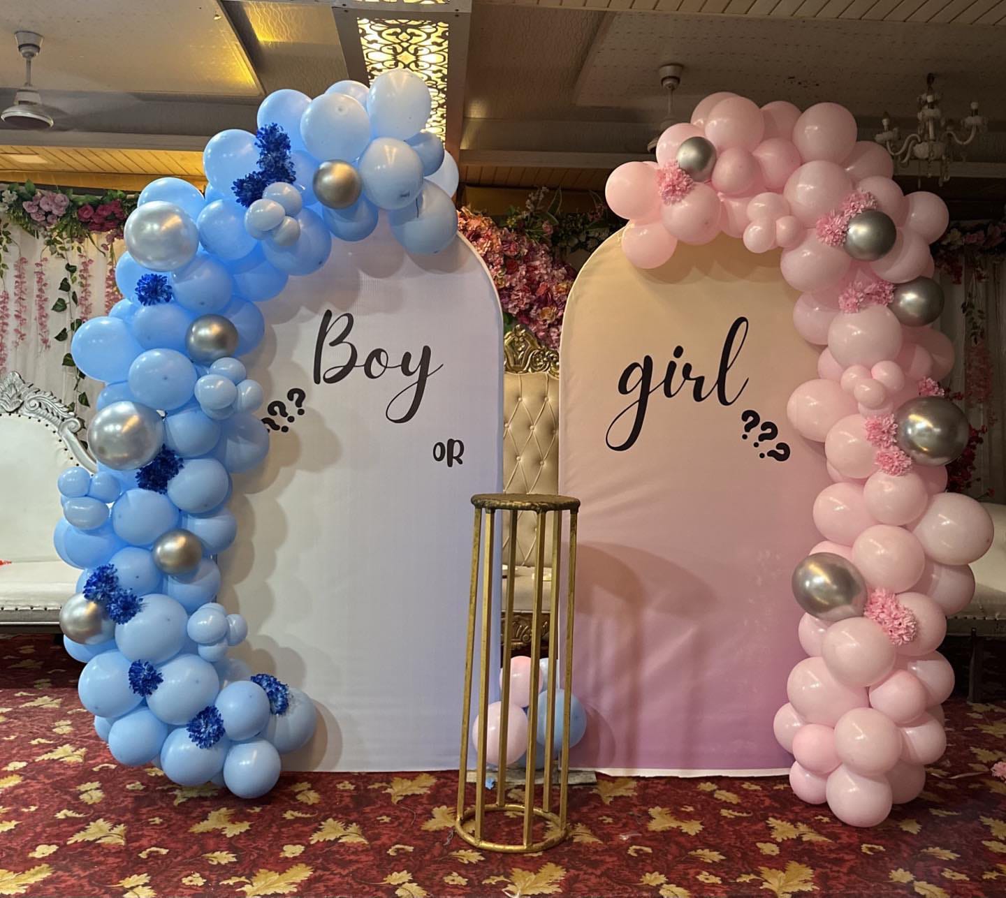 Modern Blue And Pink Balloon Arch Gender Reveal Backdrop Decor - balloon and flower decoration by ARV Decor