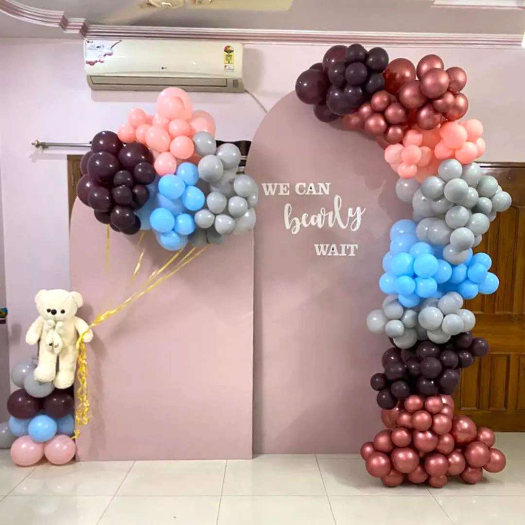 Modern Baby Shower Mauve Blue Balloon Backdrop With Teddy Bear - welcome baby decoration by ARV Decor