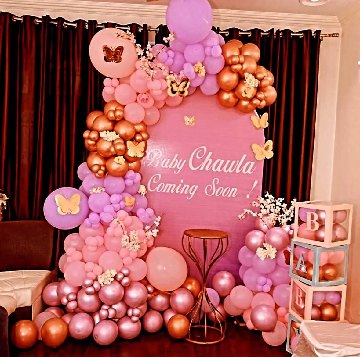 Elegant Pink And Gold Baby Shower Balloon Backdrop With Butterfly Accents - welcome baby decoration by ARV Decor