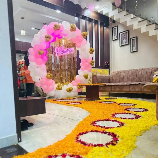 Welcome Baby Home Decoration With Pink Balloons And Floral Pathway - welcome baby decoration by ARV Decor