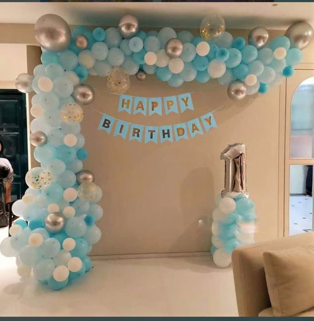 Blue and White Kids Birthday Balloon Arch with Silver Number 1 and Happy Birthday Banner