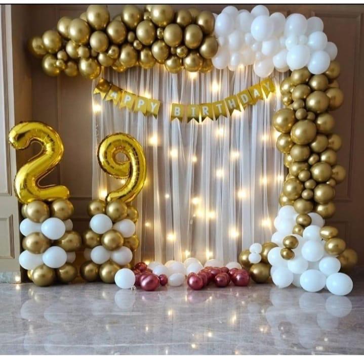 Modern Gold and White 29th Birthday Balloon Arch Backdrop
