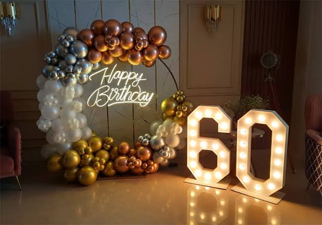 Luxury Gold And Silver 60th Birthday Balloon Arch With Neon Sign - birthday decoration by ARV Decor