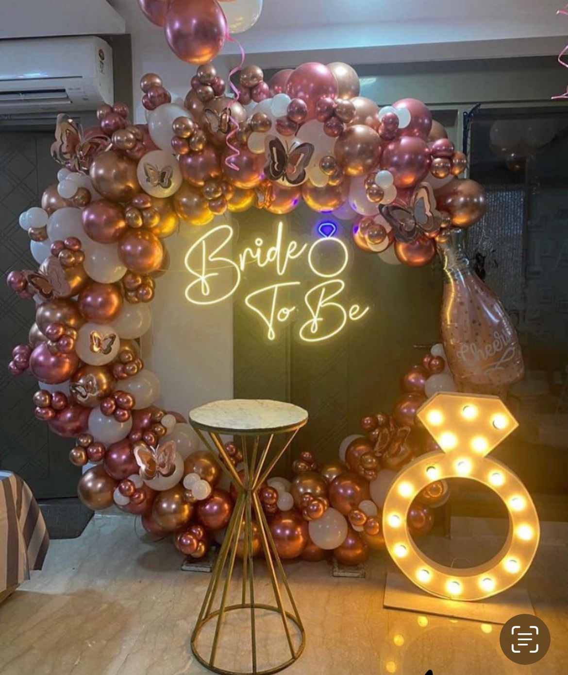 Bride To Be Rose Gold Balloon Arch Bridal Shower Decor With Ring Marquee - balloon and flower decoration by ARV Decor