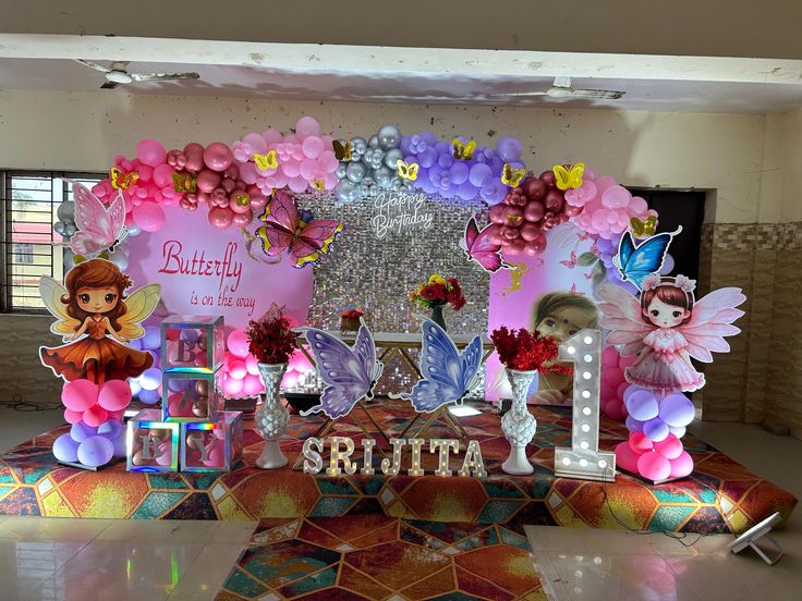 Butterfly Fairy Pink And Purple Birthday Stage Decor With Balloons For Girls - birthday decoration by ARV Decor