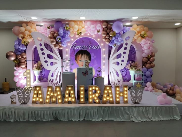 Butterfly Theme Purple and Gold 1st Birthday Balloon Backdrop for Girls
