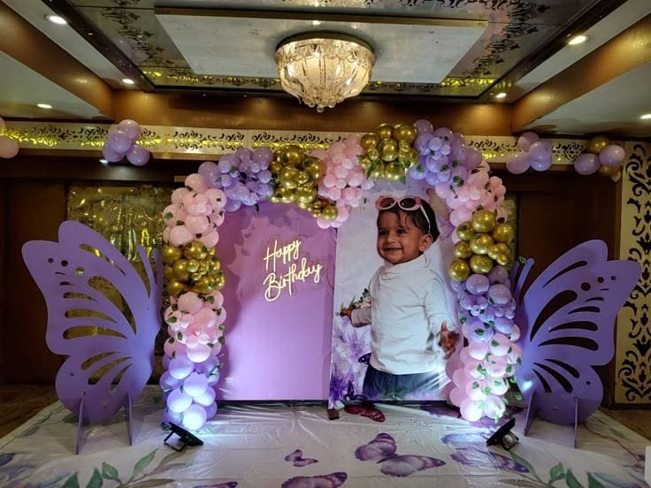 Purple and Gold Butterfly Kids Birthday Balloon Arch Backdrop Decor