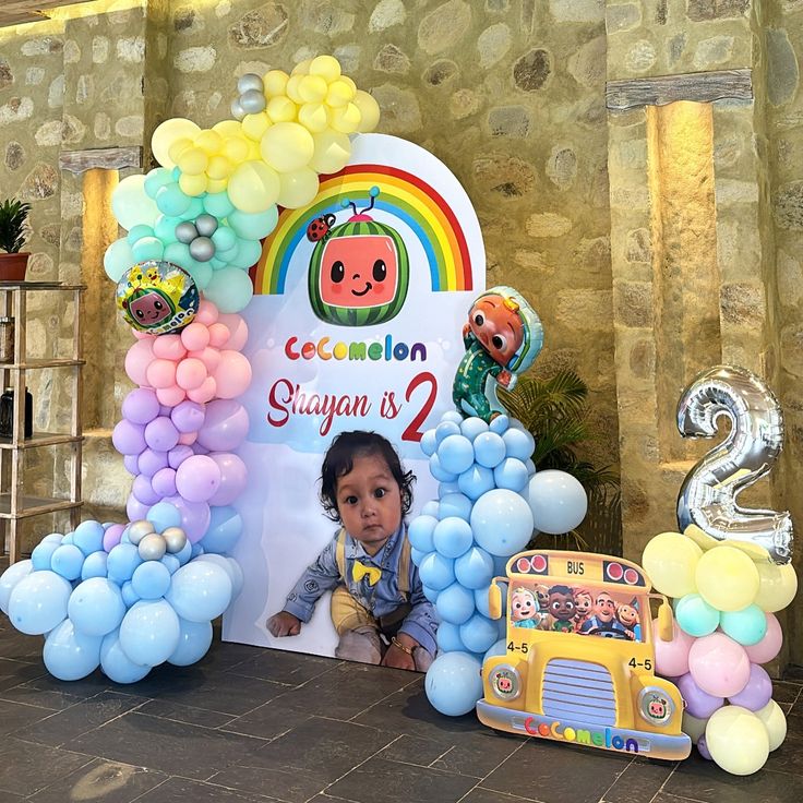 Cocomelon Pastel Kids Birthday Decor With Balloon Arch And Foil Number For 2nd Birthday - birthday decoration by ARV Decor