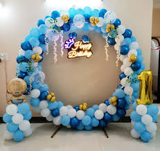 Blue And White Kids 1st Birthday Balloon Arch Decoration With Neon Sign - birthday decoration by ARV Decor