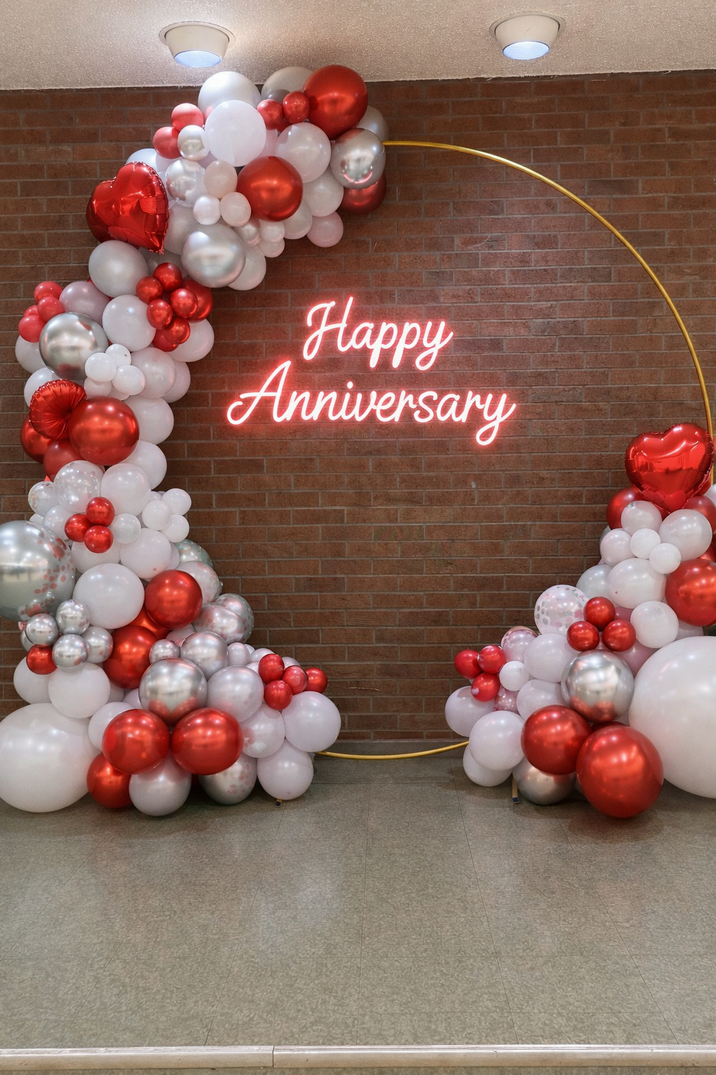 Red And White Balloon Arch Anniversary Decoration With Neon Sign