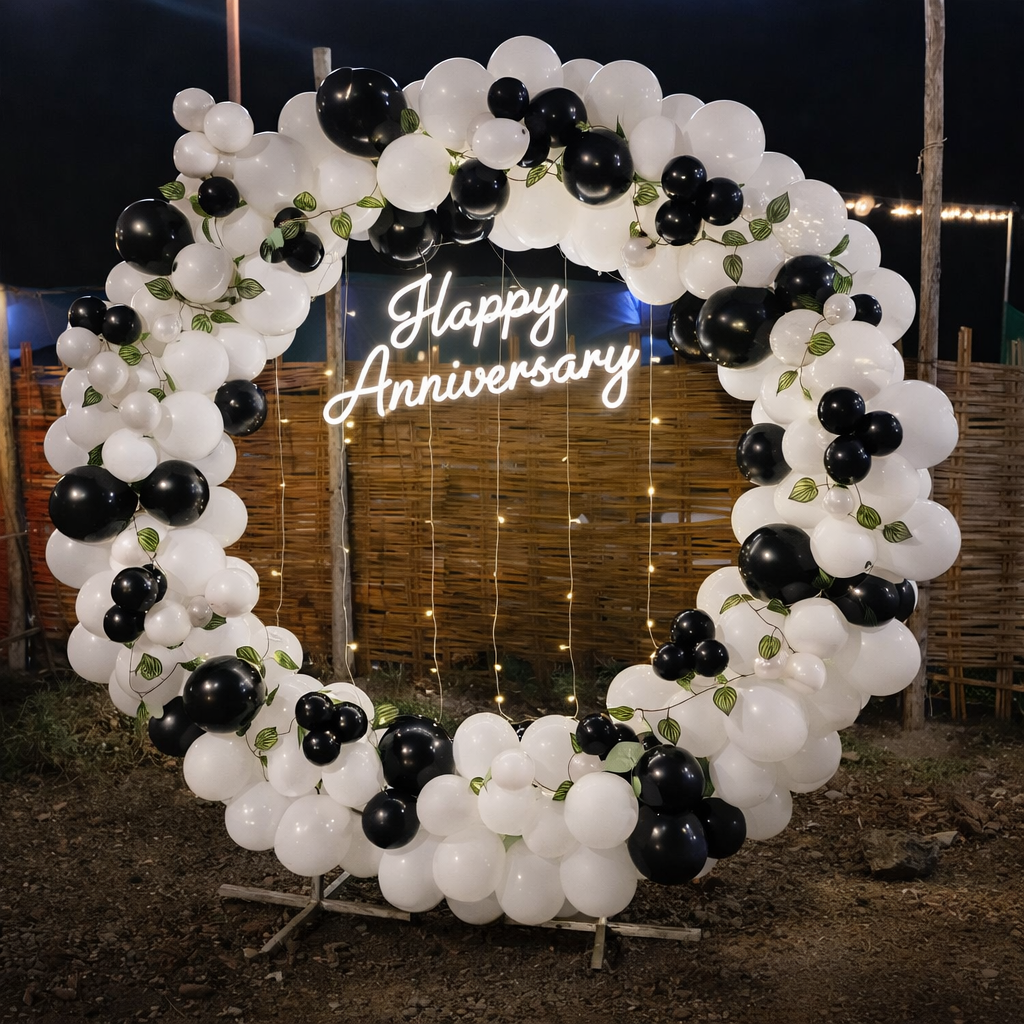 Modern Black And White Balloon Arch Anniversary Backdrop With Neon Sign