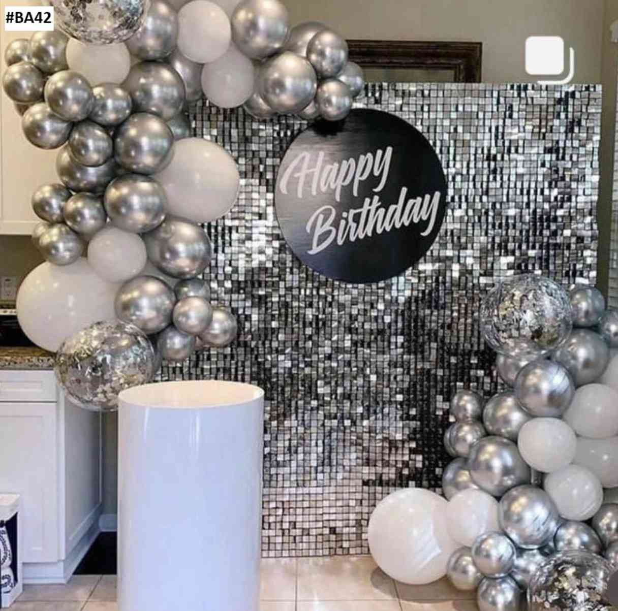 Silver And White Modern Birthday Decor With Balloon Arch And Sequin Backdrop