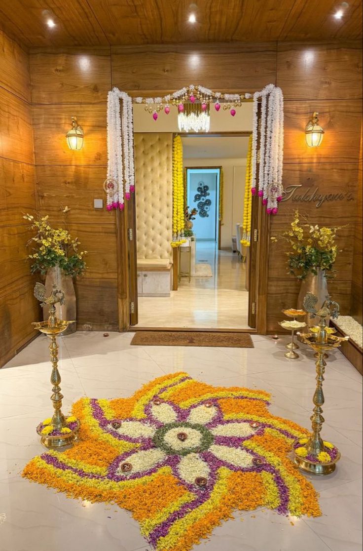 Traditional Flower Rangoli And Garlands Festive Home Entrance Decor