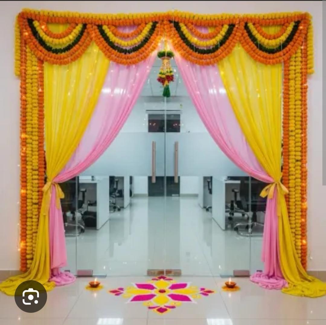 Traditional Yellow And Pink Festive Entrance Decor With Marigold Garlands For Office