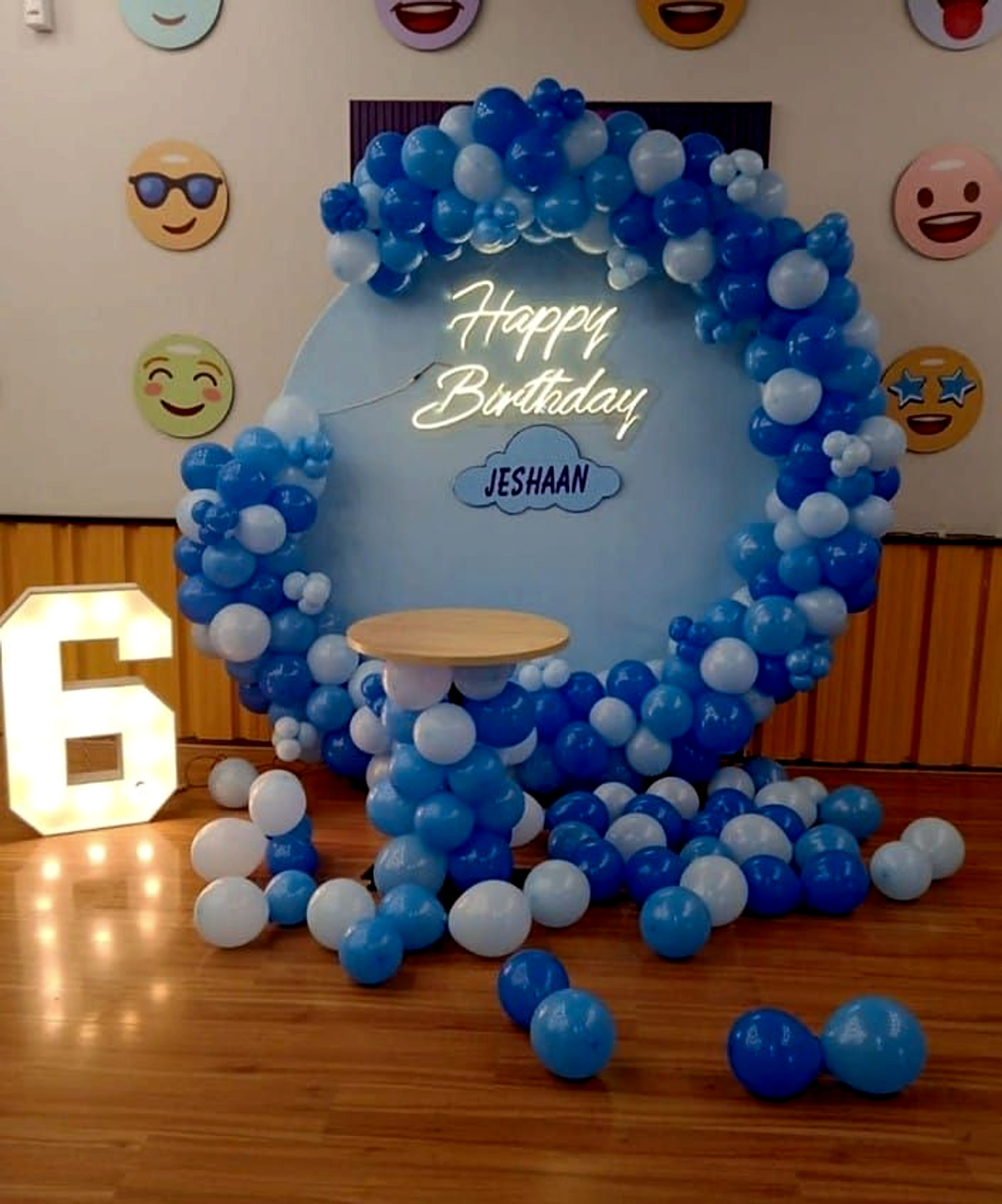 Blue And White Kids Birthday Backdrop With Balloon Arch And Neon Sign - Kids Birthday Decoration by ARV Decor thumbnail 2