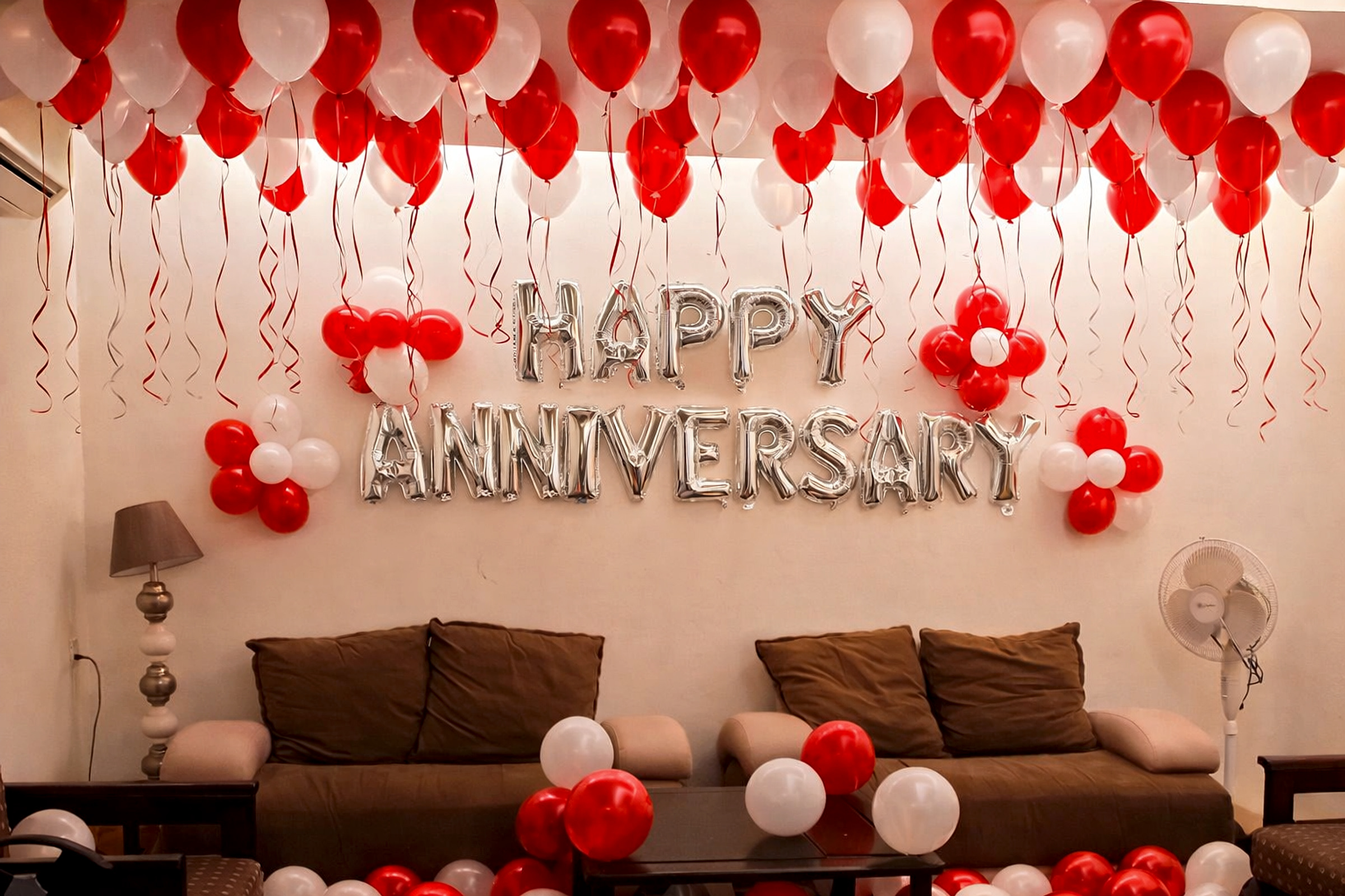 Red And White Anniversary Decor With Balloon Ceiling And Silver Letter Balloons - Anniversary Decoration by ARV Decor thumbnail 2