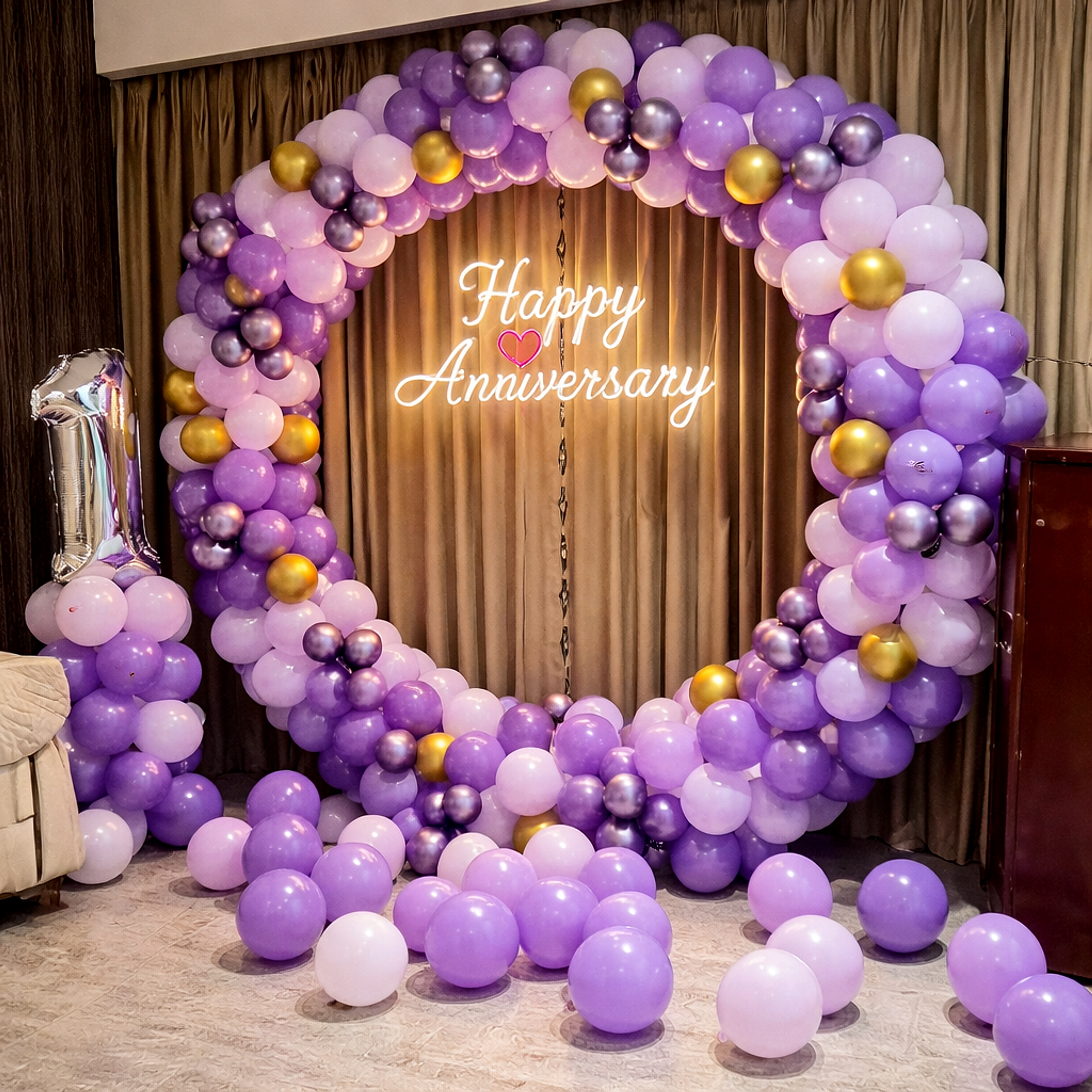 Purple And Gold Balloon Arch Anniversary Decor With Neon Sign - Anniversary Decoration by ARV Decor thumbnail 2
