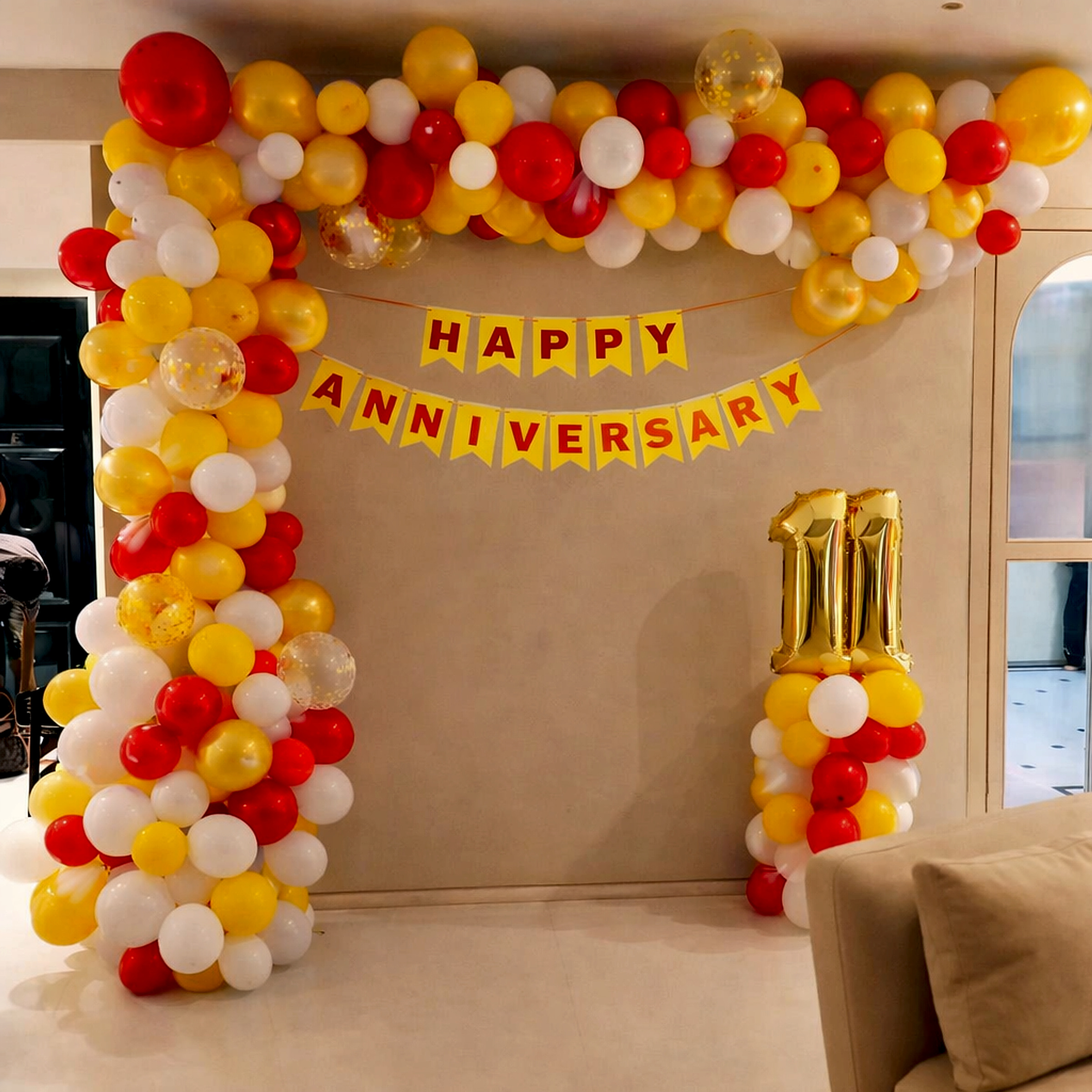Red Yellow Balloon Arch Anniversary Decor With Happy Anniversary Banner - Anniversary Decoration by ARV Decor thumbnail 2