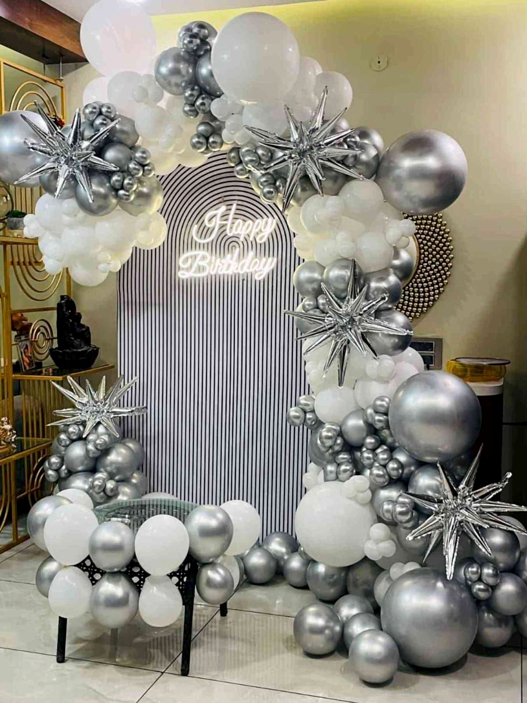 Modern Silver And White Birthday Balloon Arch With Neon Backdrop - adult birthday by ARV Decor thumbnail 2