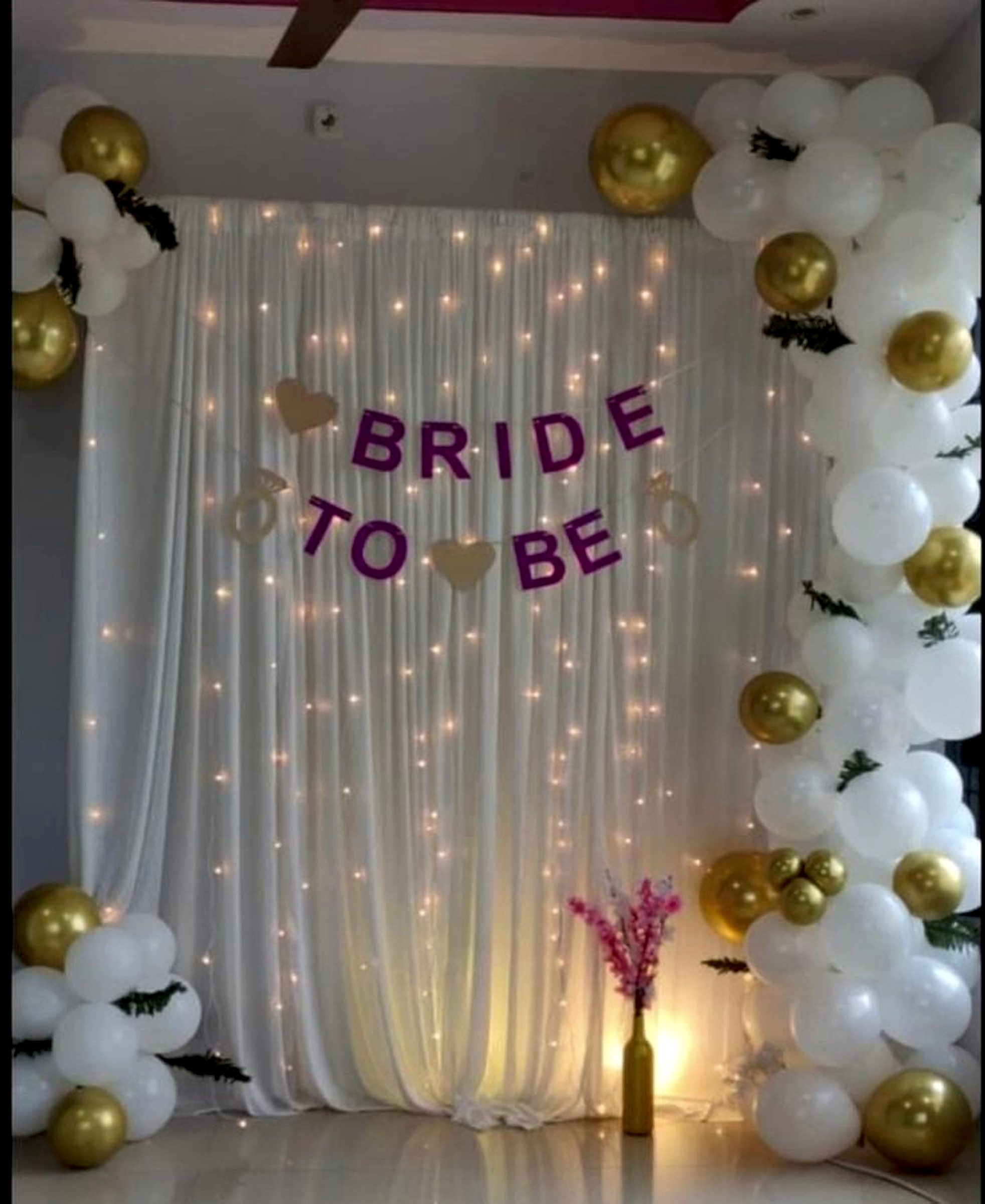 Bridal Shower White And Gold Balloon Decor With Fairy Lights Backdrop - Bride to be by ARV Decor thumbnail 2