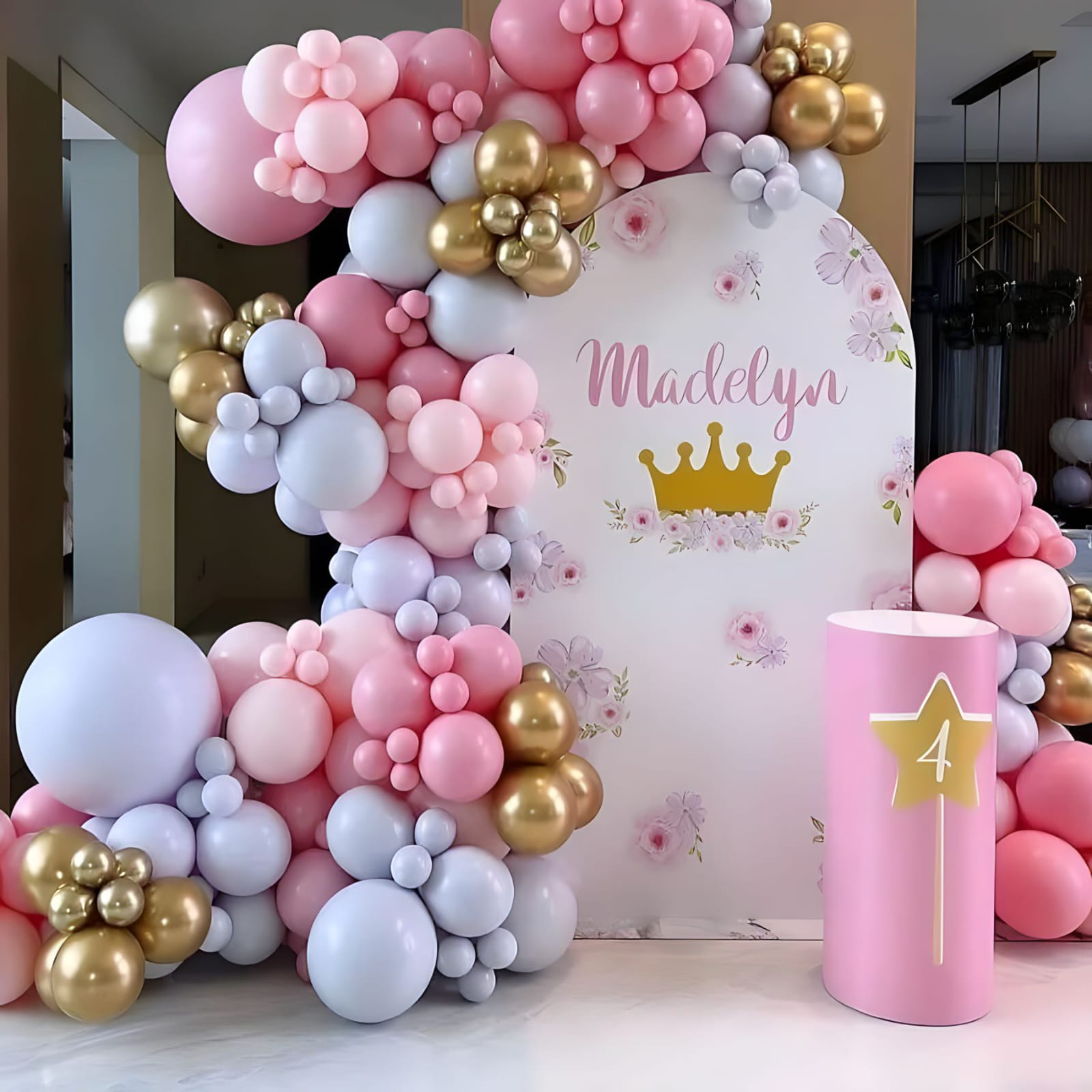 Pink Princess Arch Backdrop – balloon and flower decoration by ARVDecor