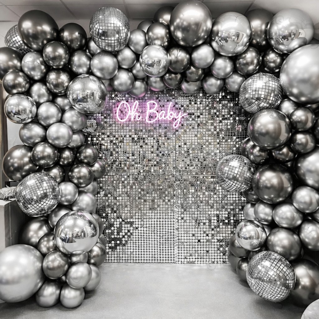 Full Silver Shimmer Balloon Tunnel Backdrop – balloon and flower decoration by ARVDecor