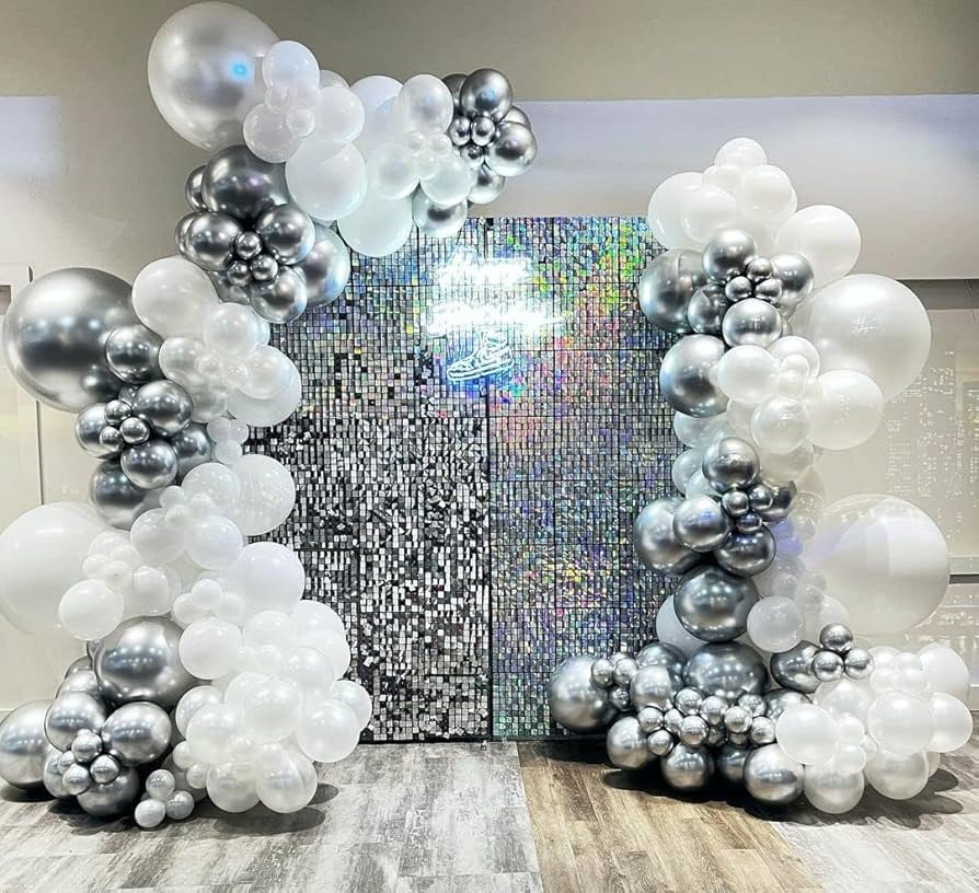 Silver & White Shimmer Arch Backdrop – balloon and flower decoration by ARVDecor