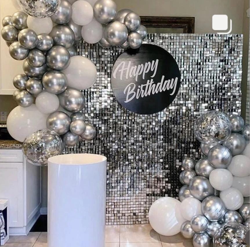Silver Shimmer Wall with Balloon Arch – balloon and flower decoration by ARVDecor