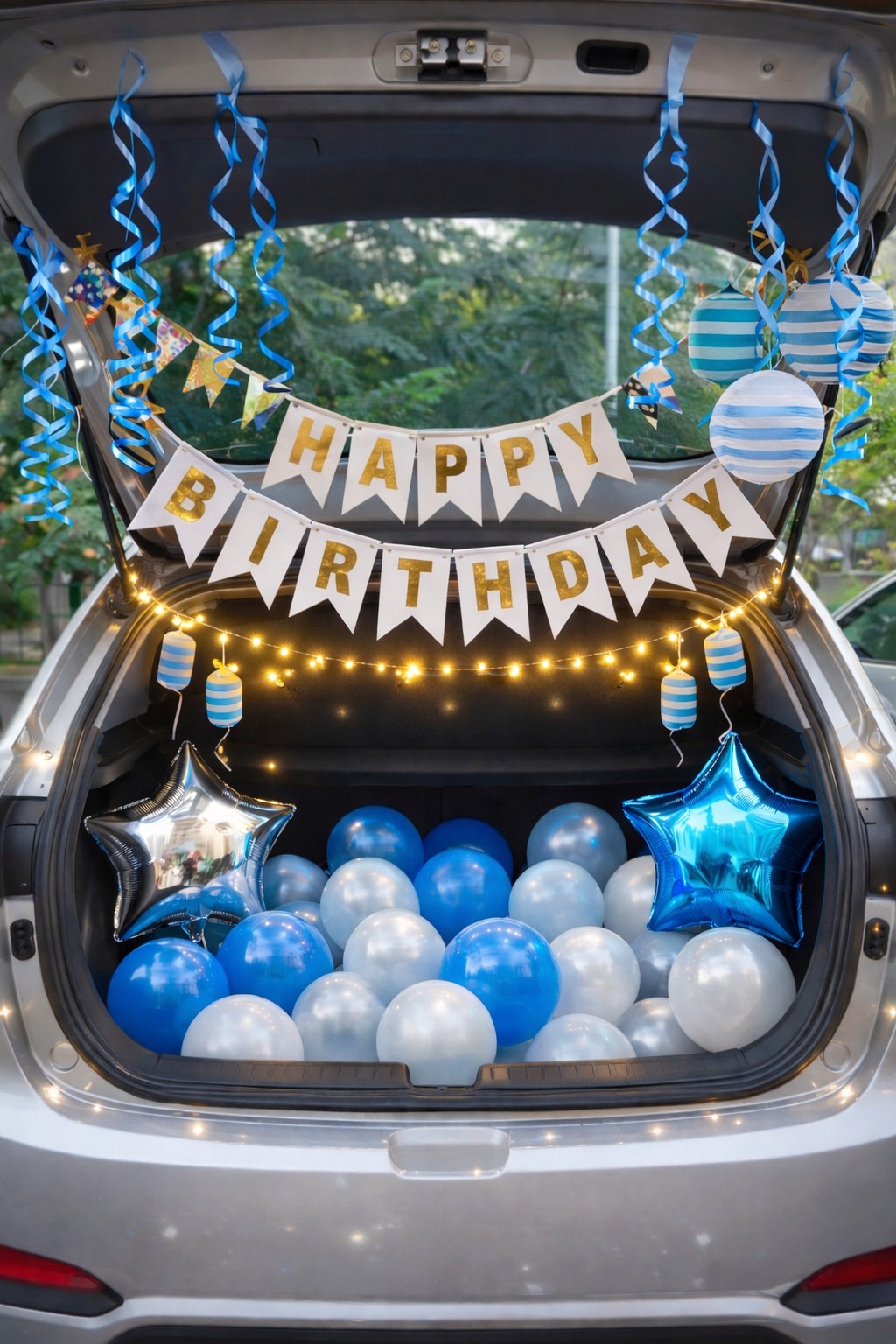 Blue Car Dikki Balloon Surprise – balloon and flower decoration by ARVDecor