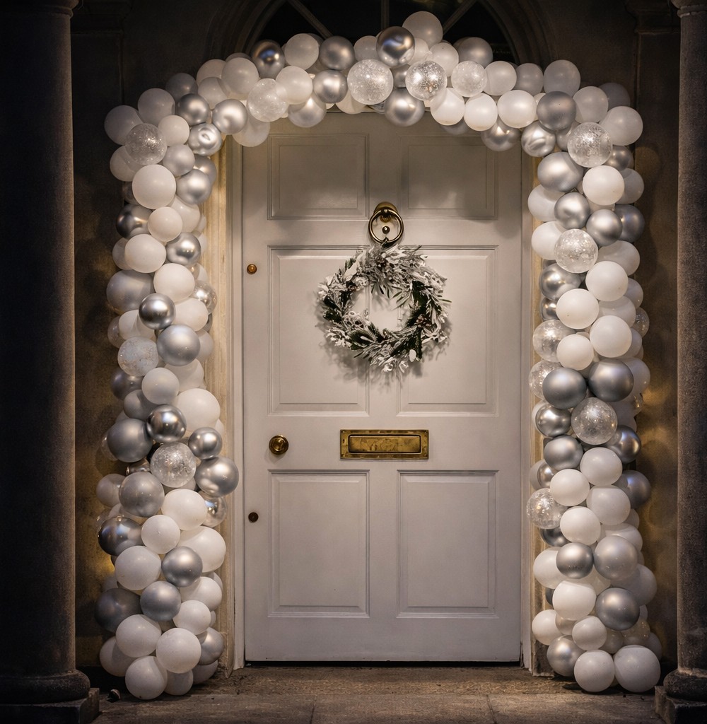 Silver & White Door Arch – balloon and flower decoration by ARVDecor