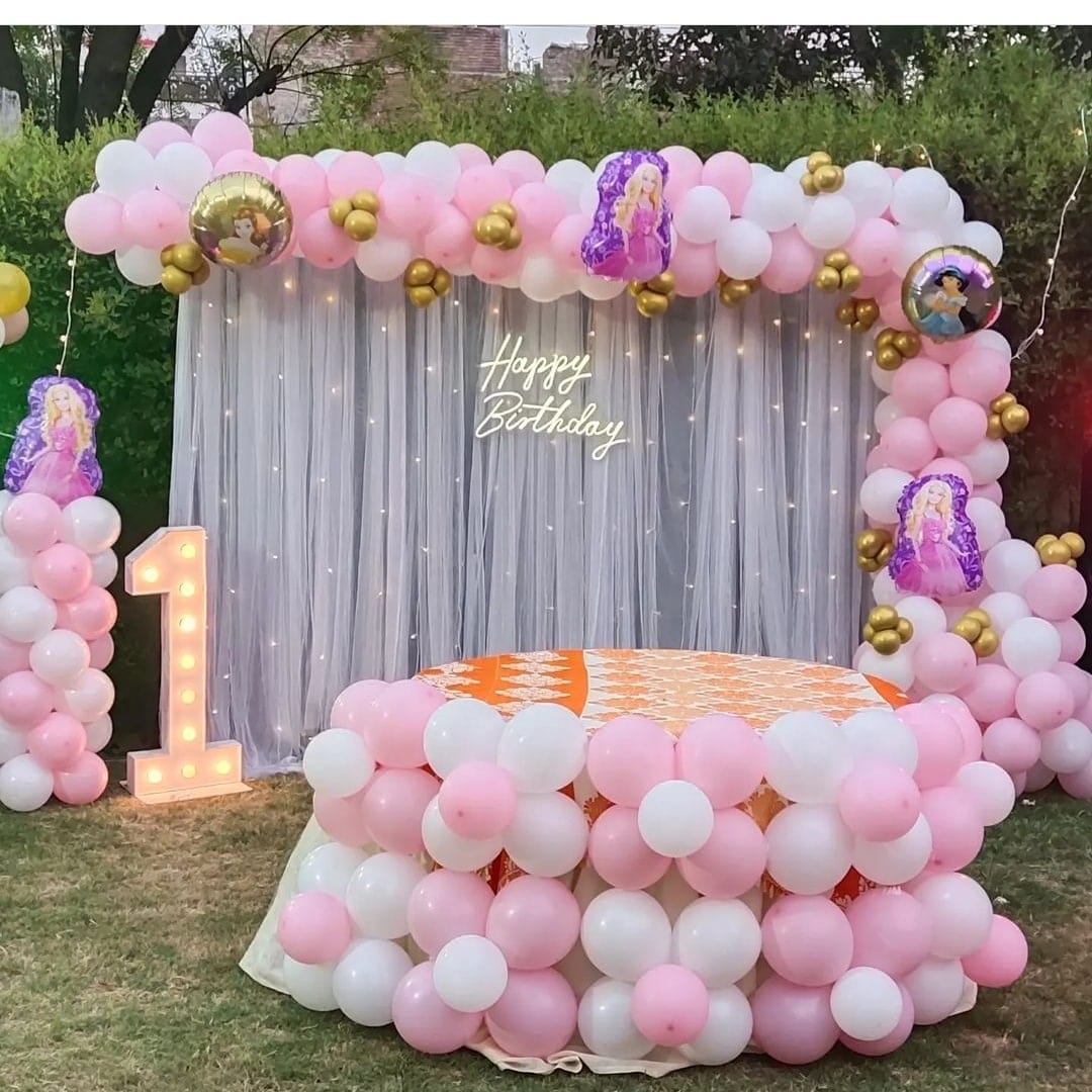 Outdoor Princess Pink Backdrop – balloon and flower decoration by ARVDecor