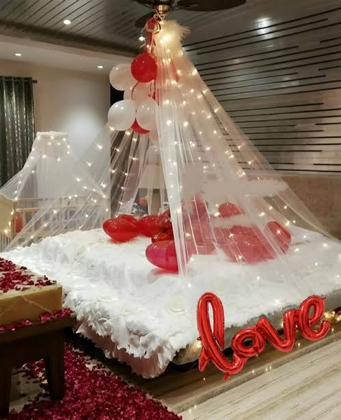 Romantic Canopy Bed Setup (Red & White) – anniversary room decoration by ARVDecor