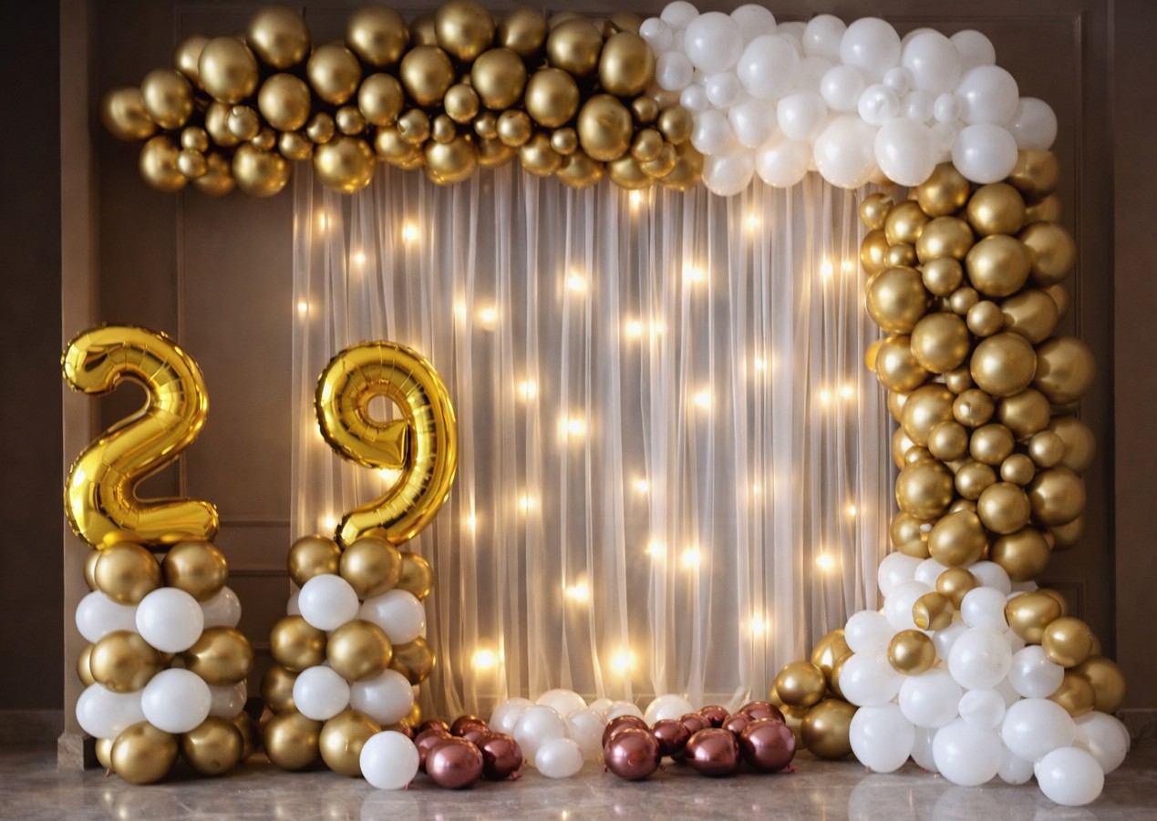 Gold White Curtain Backdrop (29) – balloon and flower decoration by ARVDecor
