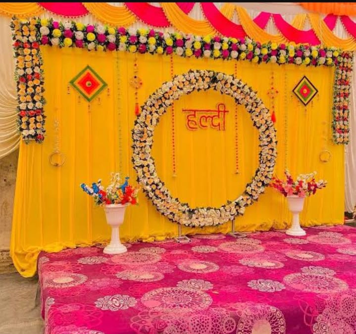 Yellow Haldi Floral Ring Stage Decoration – wedding decoration by ARVDecor