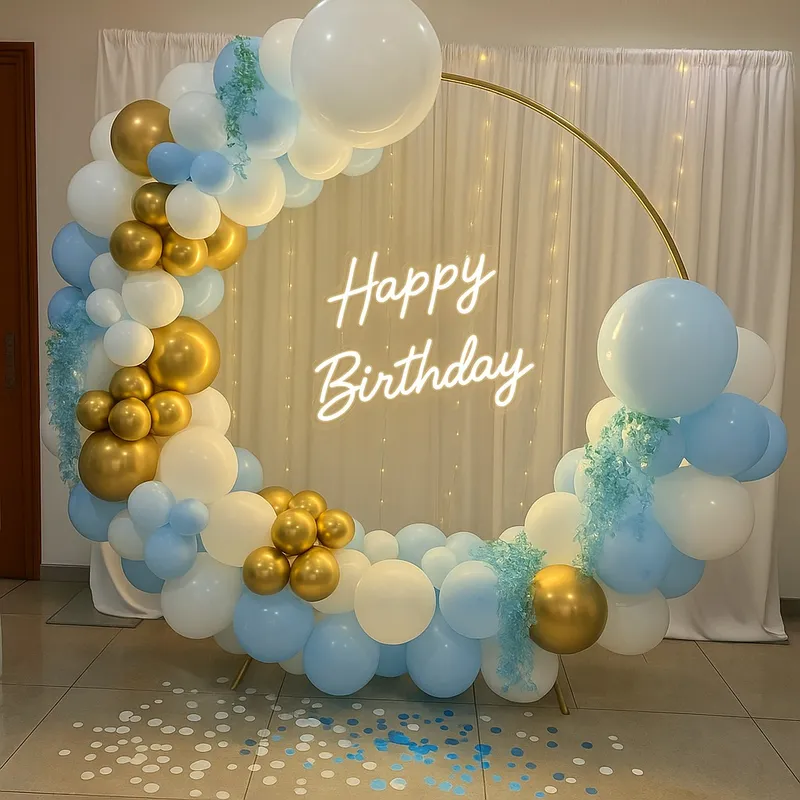 Sky Blue & Gold Moon Ring – balloon and flower decoration by ARVDecor