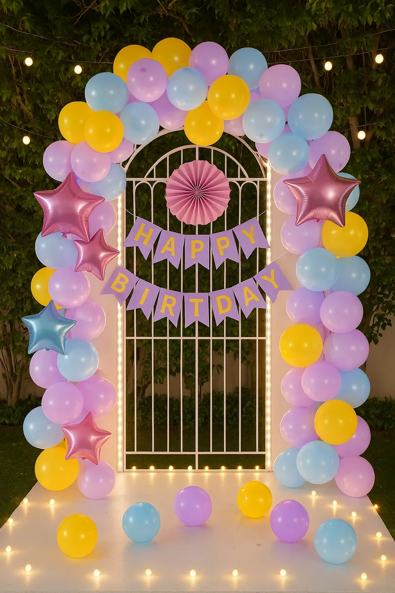 Pastel Star Arch – balloon and flower decoration by ARVDecor